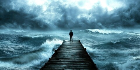 A figure standing at the edge of a pier looking at the vast ocean, representing feeling overwhelmed