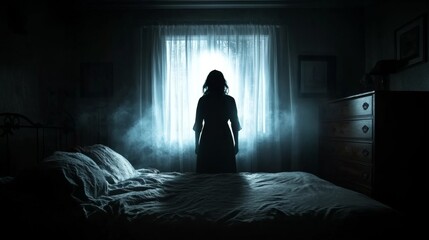 Dark eerie scene person standing front window bedroom Blurred ghost silhouette