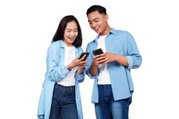 Asian man and woman using phone isolated transparent