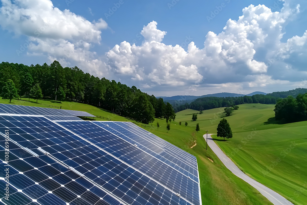 Poster harnessing renewable energy installing large solar panels in open fields