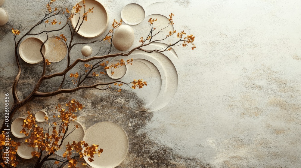 Poster abstract nature scene featuring a textured background with circular elements and branches adorned wi