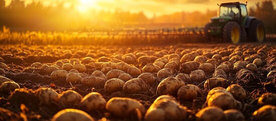 Fototapeta premium Field potatoes tractor background is covered rows farmer carries