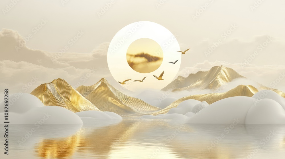 Poster serene golden landscape with mountains and clouds under a dramatic sunlight creating a tranquil and 