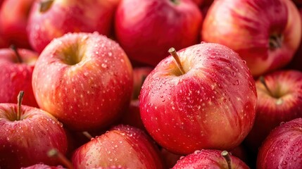 A close-up of a group of red apples with water droplets on the skin.