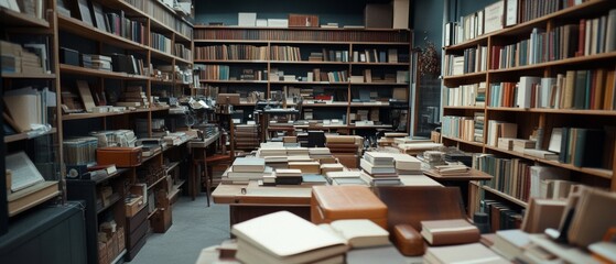 Obraz premium A cozy bookstore is filled with shelves of diverse books, creating an inviting atmosphere for readers to explore countless literary adventures.