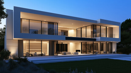 Fototapeta premium Luxurious Modern Home with Illuminated Interiors at Dusk
