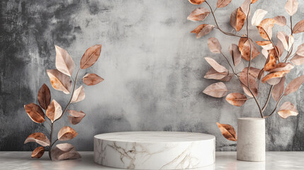 soft gray backdrop with minimalist marble podium, featuring elegant dried leaves in vase, creates serene and modern aesthetic