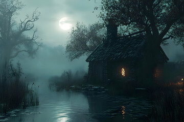 Fototapeta premium Illustration of Cozy Cottage by Moonlight River