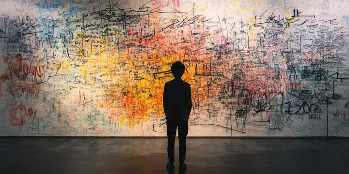 A figure standing in front of a wall covered in scribbled words, symbolizing overwhelming thoughts