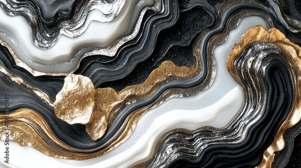 Poster elegant black and gold marble texture with white wavy lines creating a luxurious and modern abstract