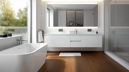 Spacious Modern Bathroom with Double Vanity and Freestanding Bathtub