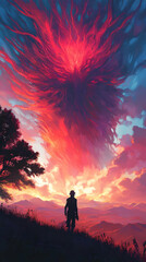 Obraz premium Illustration of Silhouette and Red Sunset Sky over Mountains
