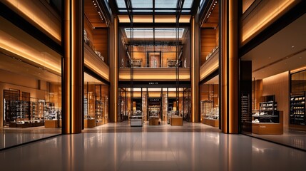 Luxurious modern shopping mall interior with glass storefronts and warm ambient lighting in an elegant architectural design.