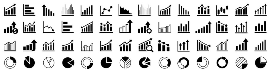 Growing bar 60 icon set. Business graphs and charts icons. Statistics and analytics vector icon. Statistic and data, charts diagrams, money, down or up arrow. Vector illustration