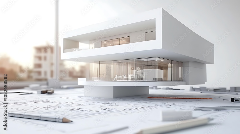 Poster a modern architectural model displayed on blueprints in a bright environment.