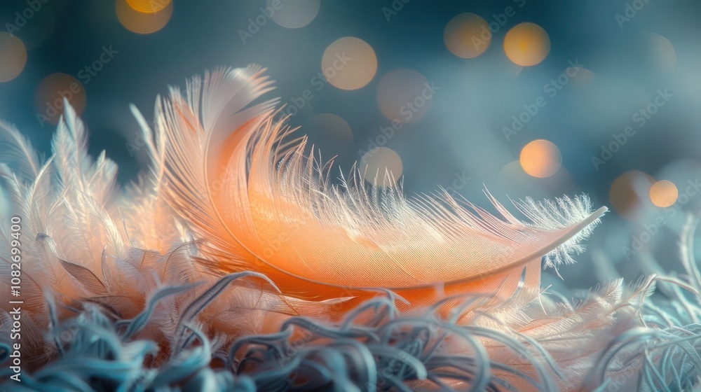 Poster a single soft feather rests on a bed of fluffy feathers, illuminated by warm bokeh lights.