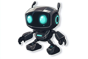 Flat cutout vector sticker of futuristic robot with glowing eyes isolated on white background.