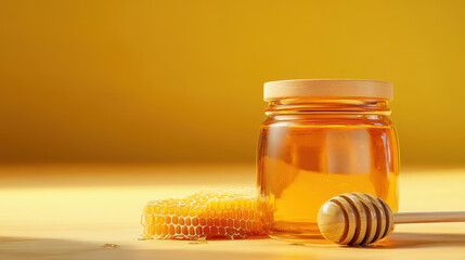 Organic honey jar with honeycomb and dipper, showcasing natural sweetness and vibrant colors. Perfect for culinary uses and healthy living