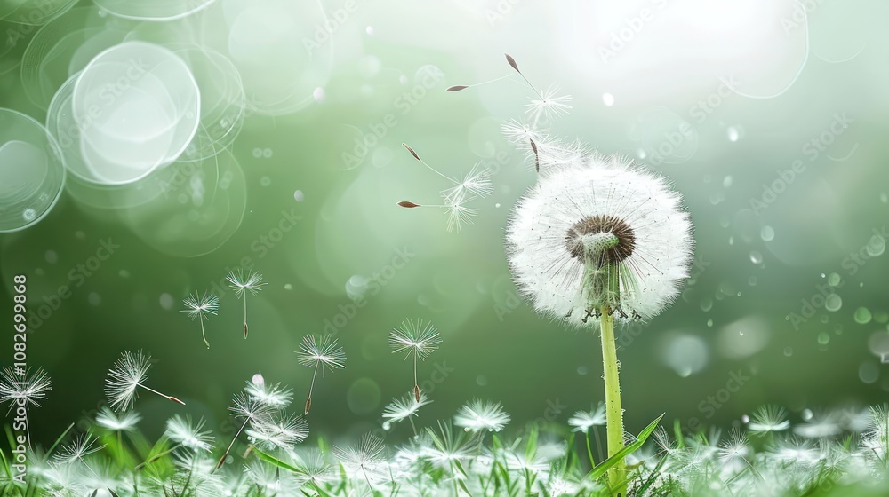 Poster a single dandelion with seeds blowing in the wind in a green field.