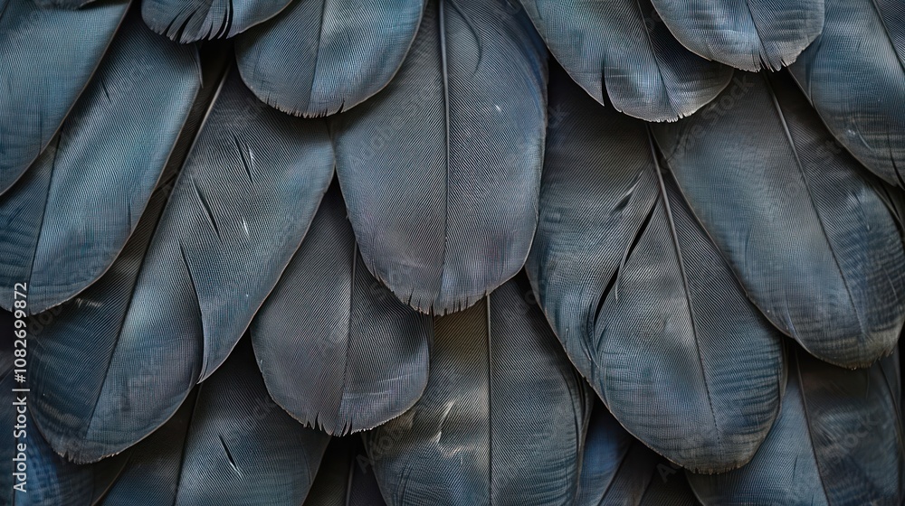 Poster close-up view of black bird feathers arranged in overlapping pattern.
