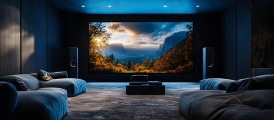Modern home theater room large flat-screen TV mounted screen