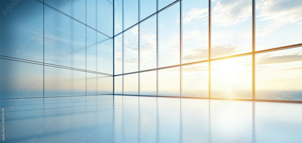 Poster infrastructure headquarters concept. modern office space with large windows, showcasing a panoramic 