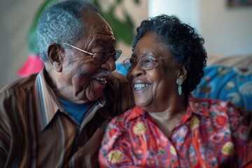 Retirement Planning and Financial LiteracyA joyful elderly couple sharing a loving moment, smiling at each other in a cozy, vibrant setting, reflecting warmth and companionship.
