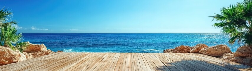 Fototapeta premium Wooden floor, blue sea and sky background 