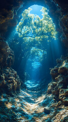 Fototapeta premium Illustration Underwater Cave Sunlight Beams Trees Water Rocks