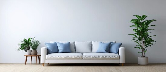 Modern living room white sofa against plain wall Grey lamp above