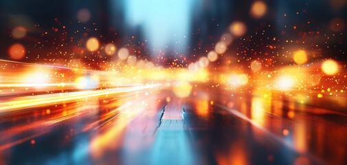 Infrastructure headquarters concept. A vibrant, blurred cityscape at night showcasing streaks of light from moving vehicles against a rain-slicked road.