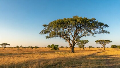 Obraz premium Vast Open Savannah Stretching to the Horizon, With Towering Acacia Trees Dotted Across the Landscape, Beneath a Clear Blue Sky and Gently Grazing Herds in the Distance