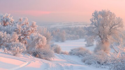 A breathtaking panoramic view of a snowy winter landscape with frost-covered trees and a soft, pink sunrise in the distance.