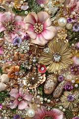 Ornate floral arrangement with jewels and pearls for luxurious background or design poster