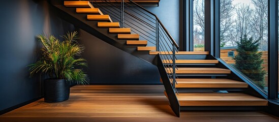Modern staircase wooden steps black metal railings stairs Luxurious home
