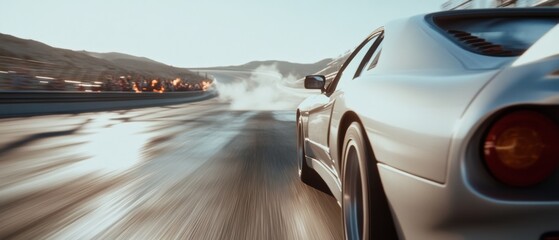 A sleek car races down a track, leaving behind trails of speed and sparks, emphasizing power and motion against a blurred background.