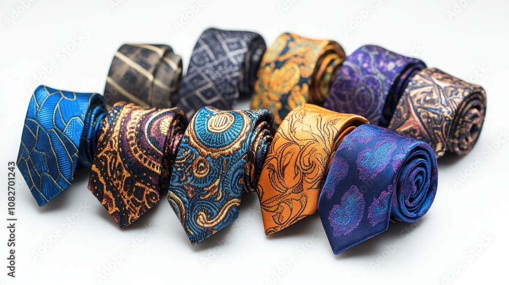 Poster a colorful collection of rolled silk ties with intricate patterns displayed on a light background fo