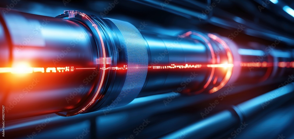 Fototapete infrastructure headquarters concept. a close-up view of a futuristic metallic pipe emitting a bright