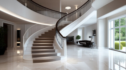Fototapeta premium Luxurious Foyer with Grand Curved Staircase and Polished Marble Finish