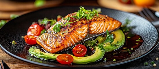 Plate food piece salmon it is cooked to Grilled Atlantic