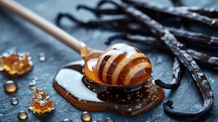 A wooden spoon filled with honey sits on a grey surface with vanilla beans and honey crystals in the background.