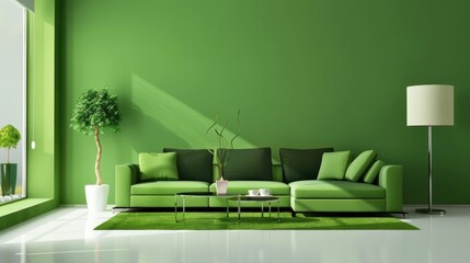 Modern living room with green walls and minimalist furniture