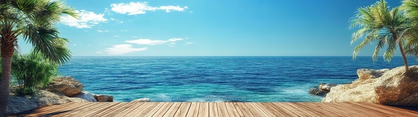 Fototapeta premium Wooden floor, blue sea and sky background 