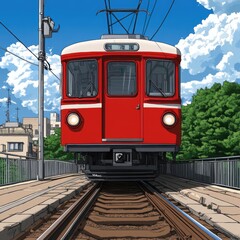 Naklejka premium Red Train on Suburban Railway Tracks Sunny Day Scene
