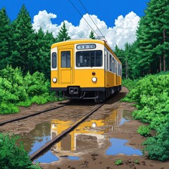 Summer Train Journey Lush Green Forest Railroad Tracks Puddle Reflections