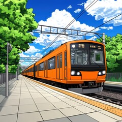 Naklejka premium Orange Train at Suburban Station Sunny Day Anime Style Illustration