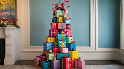 whimsical Christmas tree made of colorful gift boxes, adorned with ornaments and vibrant topper, brings festive cheer to room