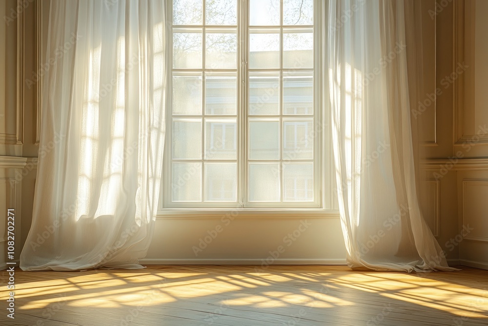 Poster sunlight illuminating empty room through sheer curtains and window