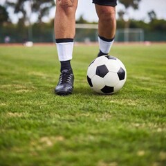 Fototapeta premium Macro of male athlete foot kicking soccer ball on football stadium. Cropped section 