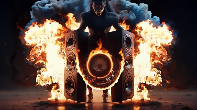 speakers surrounded by fire, burning speaker. Created with generative AI.